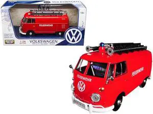 Volkswagen Type 2 (T1) Fire Van "Feuerwehr" Red 1/24 Diecast Model Car by Motormax