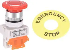 22mm Mounting Latching Emergency Stop Push Button Switch with 60mm Emergency Stop Sign 1NC