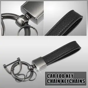 Black Car Fob Keychains Holder Faux Leather 360 Degree Rotatable with Titanium Tone Microfiber Spring Ring Horseshoe Buckle