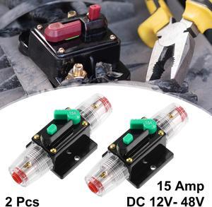 2 Pcs DC 12V- 48V 15Amp Car Circuit Breaker with Manual Reset Inline Fuse Holder Protector Black Green