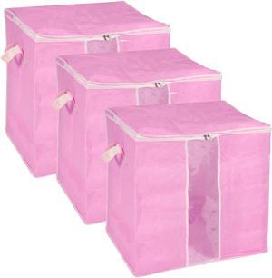 Clothes Storage Bag 3pcs, Closet Organizer with Reinforced Handle for Comforters, Bedding, Blankets, Clothing, Pillows, Foldable with Sturdy Zipper-Pink