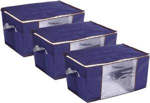 Clothes Storage Bag 3pcs, Foldable Storage Bins for Clothes, Comforters Storage Bags with Reinforced Handle, Sturdy Zipper, Closet Organizer with Clear Window-Dark Blue