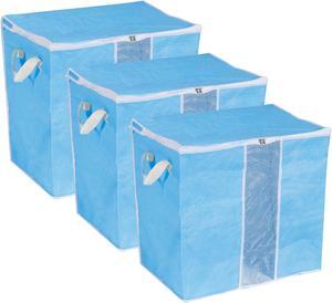 Clothes Storage Bag 3pcs, Closet Organizer with Reinforced Handle for Comforters, Bedding, Blankets, Clothing, Pillows, Foldable with Sturdy Zipper-Sky Blue