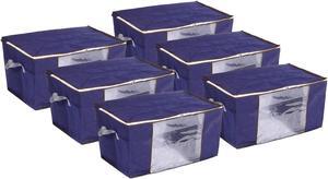 Clothes Storage Bags for Comforters 6pcs, Blanket, Bedding, Foldable Closet Organizer with Reinforced Handle & Sturdy Zippers, Clear Window-Dark Blue 60x40x35cm