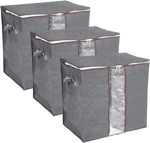 Clothes Storage Bag 3pcs, Closet Organizer with Reinforced Handle for Comforters, Bedding, Blankets, Clothing, Pillows, Foldable with Sturdy Zipper-Grey