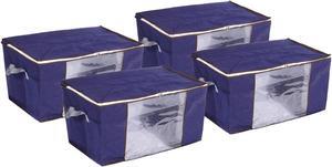 Clothes Storage Bag with Reinforced Handles 4pcs, Clothes Storage Bins Foldable Closet Organizers for Comforters, Blankets, Clothing, Bedding with Clear Window-Dark Blue