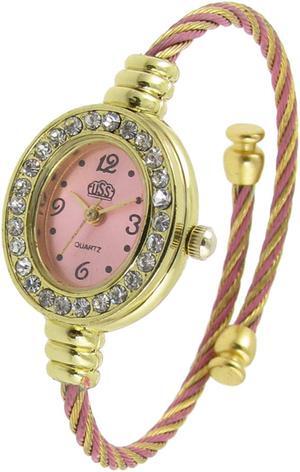 Unique Bargains Woman Rhinestone Decor Light Pink Oval Dial Quartz Bracelet Wrist Watch