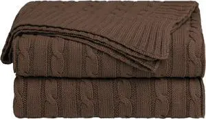 Cotton Cable Knit Throw Blanket Super Soft Throw Couch Covers Decorative Knitted Blankets for Sofa Bed, Brown Throw(47" x 70")