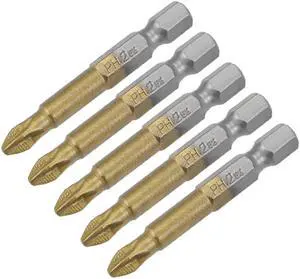 1/4-Inch Hex Shank Magnetic Phillips Cross Screwdriver Bit, 50mm Length PH2 Titanium Plating S2 Non-Slip Screwdriver Bits 5pcs