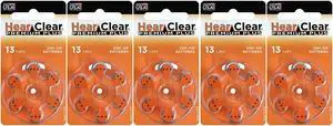 HearClear Size 13 Zinc Air 1.45V Hearing Aid Batteries Orange Tab (30 Batteries)