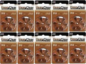 HearClear Size 312 Zinc Air 1.45V Hearing Aid Batteries Brown Tab (60 Pack)