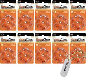 Hearclear Size 13 Hearing Aid Batteries Orange Tab + Keychain (60 Batteries)