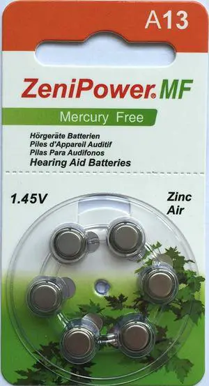 ZeniPower Size 13 Mercury Free Hearing Aid Batteries (6 Batteries)