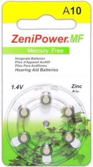 ZeniPower Size 10 No Mercury Zinc Air Hearing Aid Batteries - 6 batteries