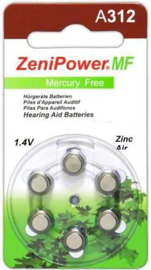 ZeniPower Size 312 No Mercury Zinc Air Hearing Aid Batteries - 6 batteries