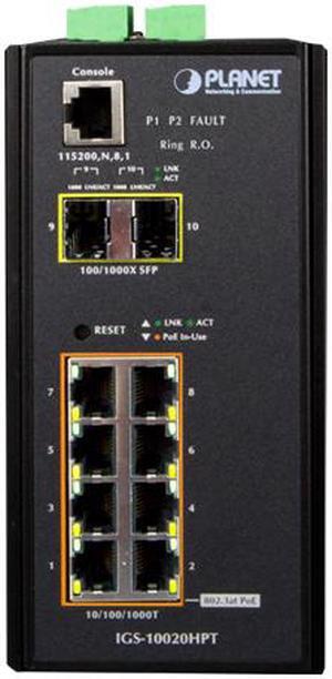 Planet IGS-10020HPT L2+ Industrial 8-Port 10/100/1000T 802.3at PoE + 2-Port 100/1000X SFP Managed Switch with Wide Operating Temperature