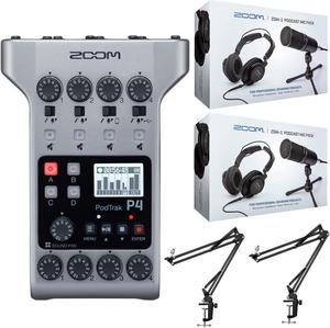Zoom PodTrak P4 Recorder with Podcast Microphone Pack Accessory Bundle