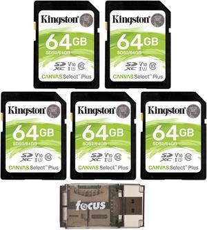 Kingston 64GB SDHC Canvas Select Plus Memory Card (5-Pack) w/ Card Reader Bundle