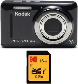 KODAK PIXPRO Friendly Zoom FZ53 Digital Camera (Black) and 16GB SD Card Bundle