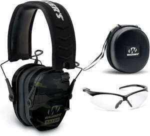 Walkers Razor Slim Electronic Muff (Gray Camo) with Case and Shooting Glasses