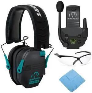 Walkers Razor Slim Electronic Muff (Black/Teal) with Walkie Talkie Bundle