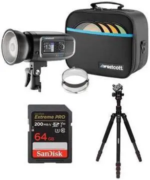 Westcott FJ400 400Ws Strobe with AC/DC Battery Bundle with Tripod and 64GB Card