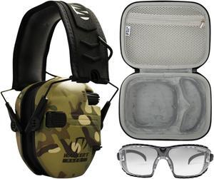 Walker's Razor Slim Electronic Hearing Protection Muff (Camo Tan) with Safety Glasses Case Bundle