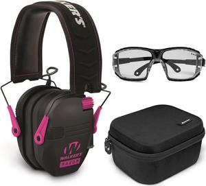 Walkers Razor Slim Electronic Muff (Black/Pink) with Ballistic Protection Glasses, and Case