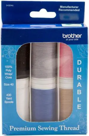 Brother SASEW6 6 Pc Sewing Thread, Black, White, Grey, Blue, Pink, Taupe