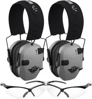Walkers Razor Electric Slim Earmuffs (Gray) and Protective Glasses (2-Pack)