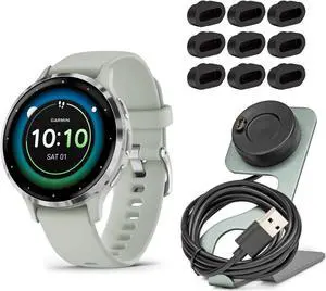 Garmin Venu 3S Smartwatch (Silver/Sage Gray) with Charging Stand and Port Plugs