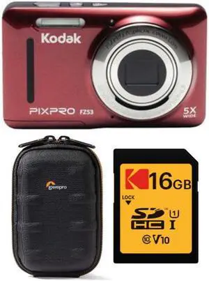 Kodak PIXPRO Friendly Zoom FZ53 Digital Camera (Red) with Case and Memory Card
