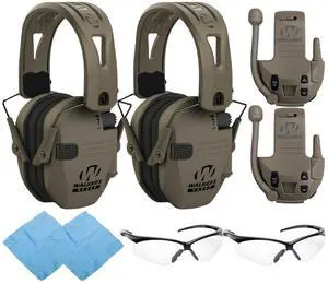 Walkers Razor Tacti-Grip with FDE Rubber Headband (Flat Dark Earth)  Bundle with Walkie-Talkie Attachments FDE (2-Pack), Shooting Glasses (2-Pack) and Microfiber Cleaning Cloths (2-Pack) (8 Items)