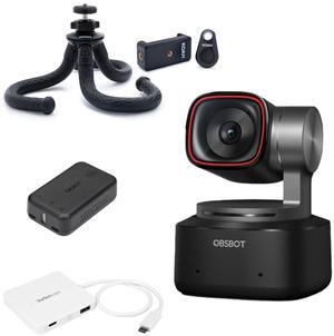 OBSBOT Tiny 2 AI-Powered PTZ 4K Webcam Bundle with UVC to HDMI Adapter, Mini Extendable Tripod with Built-in Phone Mount, and 3-Port USB-C Hub with Power Delivery (White) (4 Items)