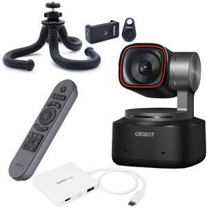 OBSBOT Tiny 2 AI-Powered PTZ 4K Webcam with Dual Native ISO Technology Bundle with OBSBOT Smart Wireless Remote Controller (Gray), Extendable Tripod, and Portable Expansion Hub (4 Items)