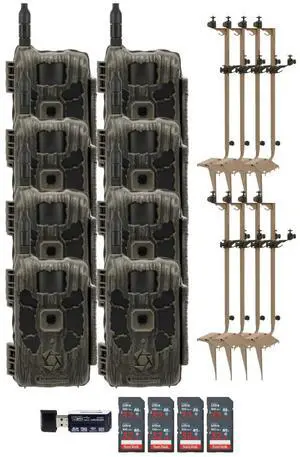 Stealth Cam 40MP Deceptor Max Cellular Trail Camera with 0.4-Second Trigger Speed (2-Pack) x 4 Bundle with Adjustable Mounting Post (8-Pack), Card Reader, and 32GB Memory Card (8-Pack) (21 Items)