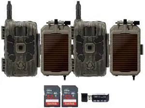 Stealth Cam 40MP Deceptor Max Cellular Trail Camera with 0.4-Second Trigger Speed (2-Pack) Bundle with Lithium Solar Power Panel (2-Pack), 4-in-1 Card Reader, and 32GB Memory Card (2-Pack) (6 Items)