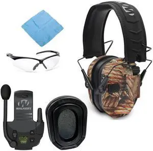 Walker's Razor Slim Electronic Shooting Muff (American Flag) Bundle with Walkie-Talkie Attachment, Gel Ear Pad, Shooting Glasses, and Microfiber Cleaning Cloth (5 Items)