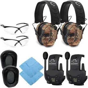 Walker's Razor Slim Electronic Shooting Muff (American Flag, 2-Pack) Bundle with 2 x Walkie-Talkie Attachment, 2 x Gel Ear Pad, 2 x Shooting Glasses, and 2 x Microfiber Cleaning Cloth (10 Items)