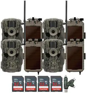 Stealth Cam 36MP Fusion Max Cellular Trail Camera (2-Pack) x 2 Bundle with Lithium Solar Power Panel (4-Pack), 4-In-1 Card Reader, and 32GB Ultra SDHC UHS-I Memory Card (4-Pack) (11 Items)