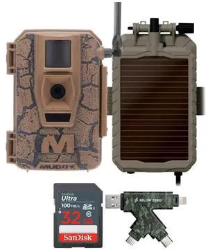 Muddy Mitigator Cellular 24MP Imaging Trail Camera Bundle with 5000mAh Lithium-Ion Solar Battery, 32GB Memory Card, and Card Reader (4 Items)