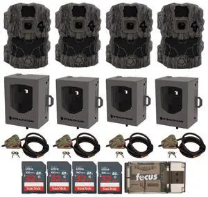 Stealth Cam DS4K 32 Megapixel Ultimate Camera (4-Pack) Bundle with Large Security Boxes (4-Pack), Locking Cables (4-Pack), 32GB SD Cards (4-Pack) and Card Reader (17 Items)