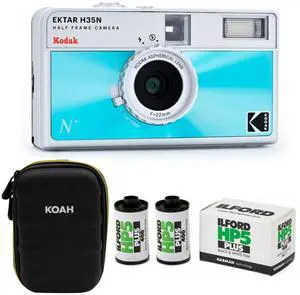 Kodak Ektar H35N 35mm Half Frame Film Camera with Star Filter and Tripod Support (Glazed Blue) Bundle with Black and White 35mm Roll Film (36 Exposures) (2-Pack) and Case (Black) (4 Items)