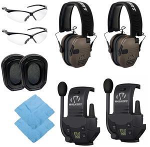Walker's Razor Slim Electronic Earmuffs (Flat Dark Earth, 2-Pack) Bundle with 2 x Walkie Talkie Attachment, 2 x Ear Pad (Black), 2 x Glasses (Clear), and 2 x Cleaning Cloth (10 Items)
