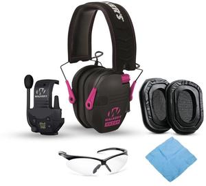 Walker's Razor Slim Electronic Earmuffs (Black and Pink) Bundle with Walkie Talkie Attachment, Ear Pad (Black), Glasses (Clear), and Cleaning Cloth (5 Items)