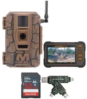 Muddy Mitigator Cellular 24MP Imaging Trail Camera with 80 Feet Detection and Flash Range Bundle with Muddy SD Card Reader and Viewer, 32GB UHS-I Memory Card, and USB 2.0 Card Reader (4 Items)