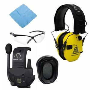 Walker's Razor Slim Electronic Earmuffs (Don't Tread On Me, Yellow) Bundle with Walkie Talkie Attachment, Ear Pad (Black), Glasses (Clear), and Cleaning Cloth (5 Items)