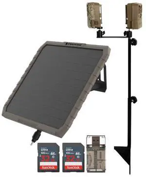 Stealth Cam FieldMax External EX 3000 mAh Solar Battery Pack with Solar Panel Bundle with Dual Camera Ground Mount (Black), 32GB UHS-I Memory Card (2-Pack), and Card Reader (5 Items)