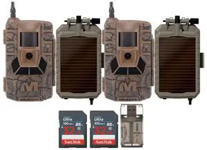 Muddy Matrix 36MP Imaging Cellular Trail Camera with On Demand Photo (Mud, 2-Pack) Bundle with Solar Power Panel (2-Pack), 32GB UHS-I Memory Card (2-Pack), and USB 2.0 Card Reader (7 Items)