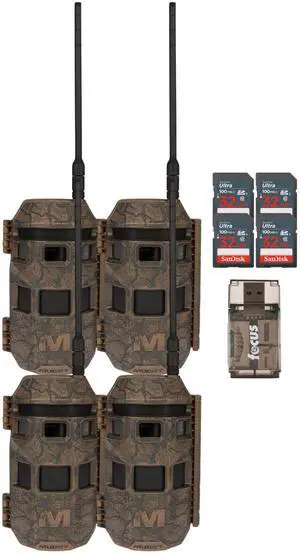 Muddy Trifecta 180 Cellular Trail Camera 36MP 1080p (4-Pack, Brown) Bundle with 4 x 32 GB Memory Card and Card Reader (9 items)